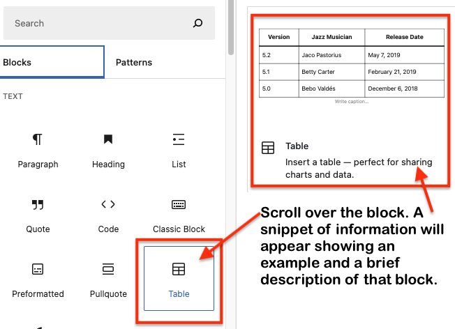 blocks menu and snippet of menu item for creating a table